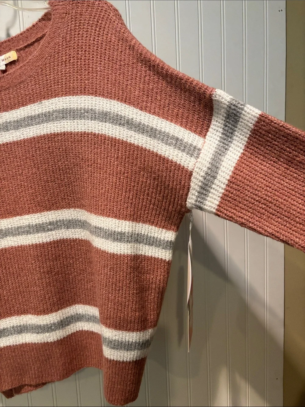 NWT Hazel Moon Rusty Mauve and Gray Striped Crewneck Sweater Size xL